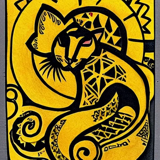 Prompt: tattoo sketch on yellow paperp, polynesian style, cat hugging the sun, maori, line