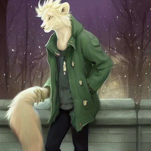 Image similar to aesthetic portrait commission of a albino male furry anthro lion in a rainy utopian city while wearing a cute green jacket cozy soft pastel winter outfit with pearls on it, rainy atmosphere. character design by charlie bowater, ross tran, artgerm, and makoto shinkai, detailed, inked, western comic book art, 2 0 2 1 award winning painting