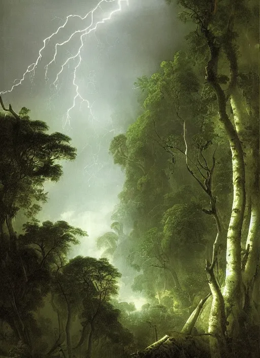 Prompt: a rain forest with extremely thin tall trees, dense, very epic atmosphere, tropical downpour of rain an lightning by asher brown durand, by yoshitaka amano