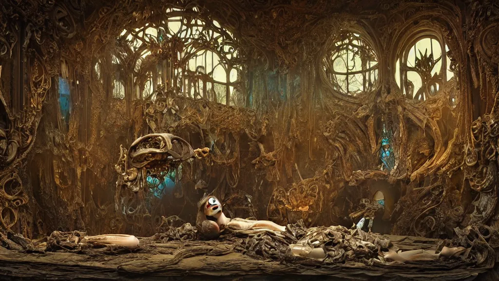 Image similar to inside of angel anatomy sitting on an ornate victorian couch made out of decomposing animals, intricate, detailed, volumetric lighting, sharp focus, photorealism, digital painting, highly detailed, concept art, by roger dean and simon stalenhag and mark brooks