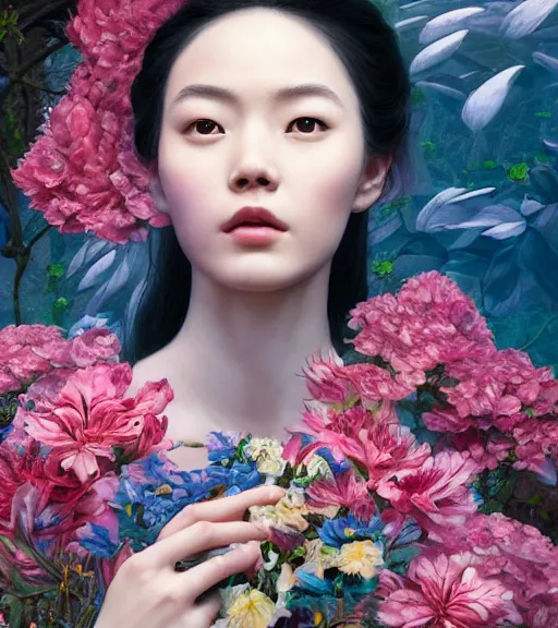 Prompt: portrait of the ziyi zhang, surrounded by flowers by karol bak, james jean, tom bagshaw, rococo, trending on artstation, cinematic lighting, hyper realism, octane render, 8 k, hyper detailed.