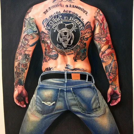Image similar to Portrait of Sam Winchester in blue jeans, Sons of Anarchy Tattoed on his back, intricate upper body, highly detailed, digital painting, artstation, concept art, smooth, sharp focus, illustration, art by Hajime Sorayama