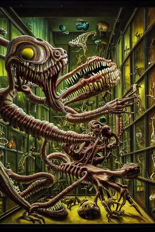 Prompt: a hyperrealistic detailed painting of a museum of abominations, glass displays with mutated creature, scientific specimens, oddities, cinematic lighting, depth perspective, depth of field, cinematic angle, by chris cunningham and richard corben, highly detailed, vivid color,