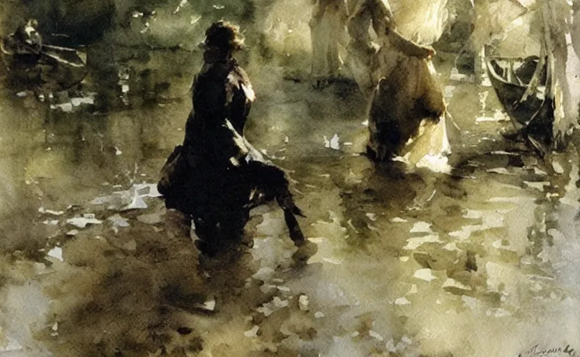 Image similar to watercolor by anders zorn, romanticism, creative, very very very very beautiful art, dramatic and cinematic light