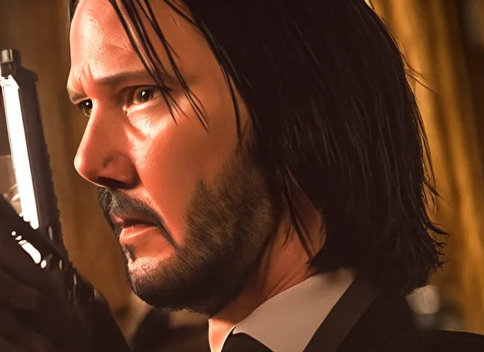 Prompt: john wick as a woman, award winning shot, close up, action movie