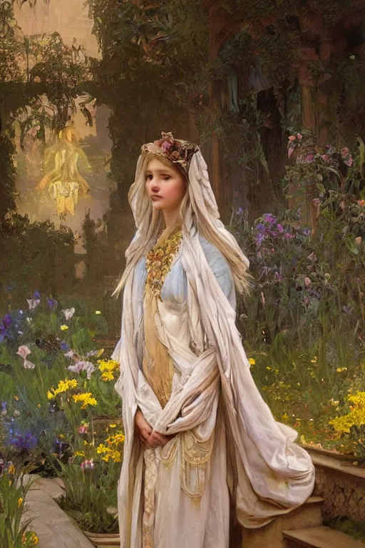 Image similar to hyperrealist portrait of a girl emperorit is decorated with long robes that fall like stars, an ostentatious palace and garden are seen in the background. by jeremy mann and alphonse mucha, fantasy art, photo realistic, dynamic lighting, artstation, poster, volumetric lighting, very detailed faces, 4 k, award winning