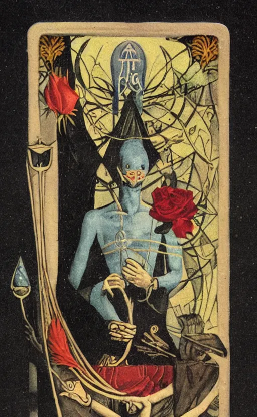 Prompt: an occult tarot card, the fool who is a madman holding a staff and a white rose clever design, ornate border, playing card, by hannah hoch and jesse treece and christian jackson and josh brill