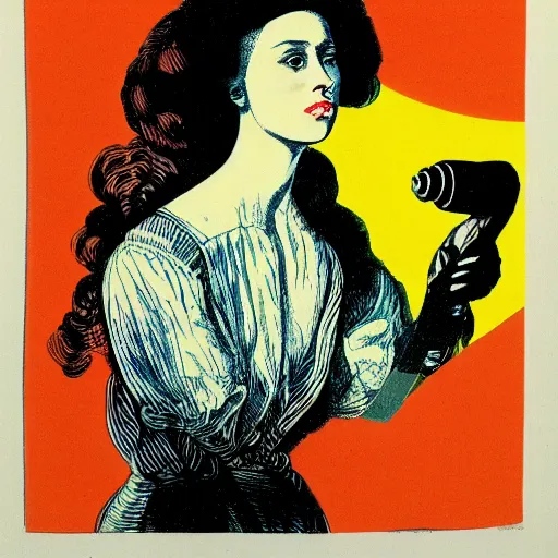 Prompt: cmyk risograph print instructive portrait of a lady 2 8 years old, with binoculars