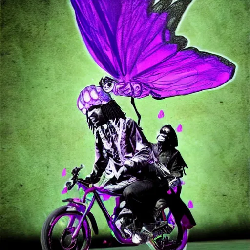 Prompt: Jimi Hendrix riding on the back of an enormous purple dragonfly, Digital realistic detailed art trending in Artstation.