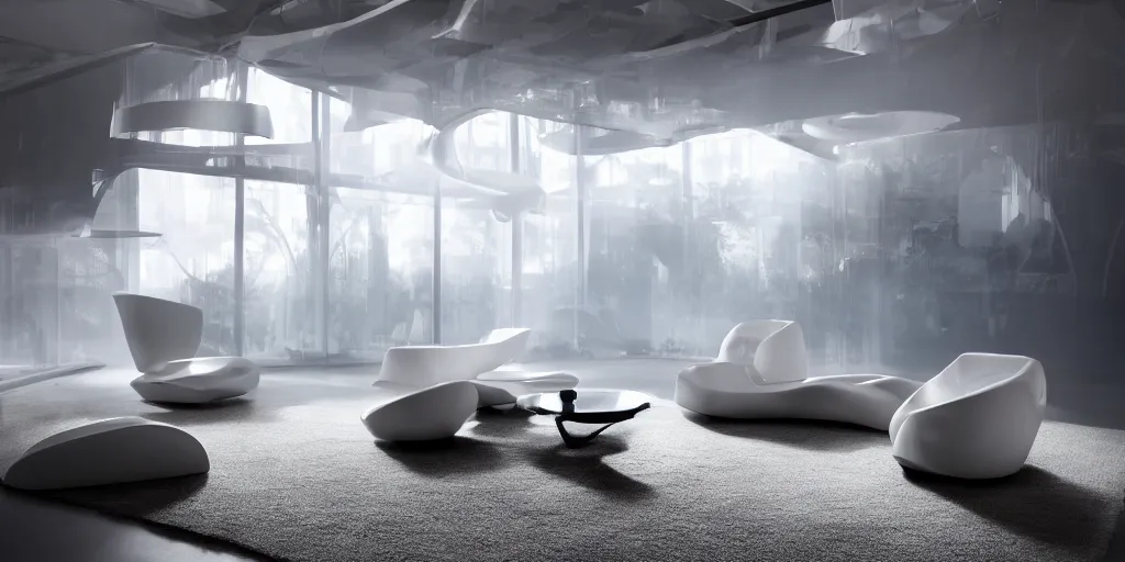 Image similar to !dream critically acclaimed furniture design collection from the year 2050, futuristic, shown in a showroom, foggy light, impressive, 8k, highly detailed