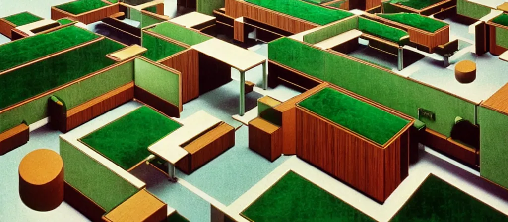 Image similar to huge sprawling gargantuan angular dimension of infinite indoor landscape 7 0 s green velvet and wood with metal office furniture. surrealism, mallsoft, vaporwave. muted colours, 7 0 s office furniture catalogue, shot from above, endless, neverending epic scale by escher and ricardo bofill