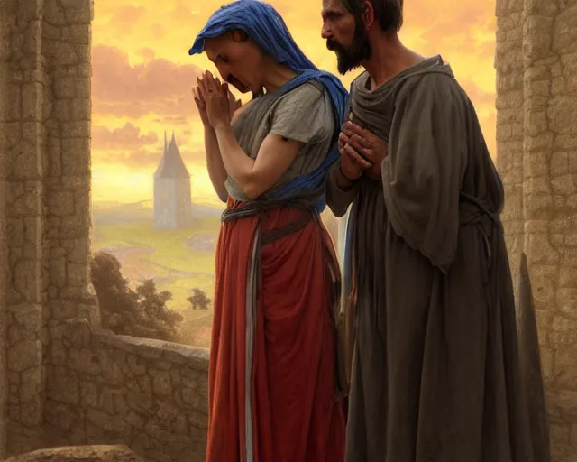 Image similar to realistic matte painting of a poor hungry couple praying to a cross and crying, emotional sad painting, very poor, hungry, love eachother, medieval peasants, fantasy, cruel, dramatic lighting, intricate, wild, highly detailed, digital painting, artstation, concept art, smooth, sharp focus, illustration, art by artgerm and greg rutkowski and alphonse mucha