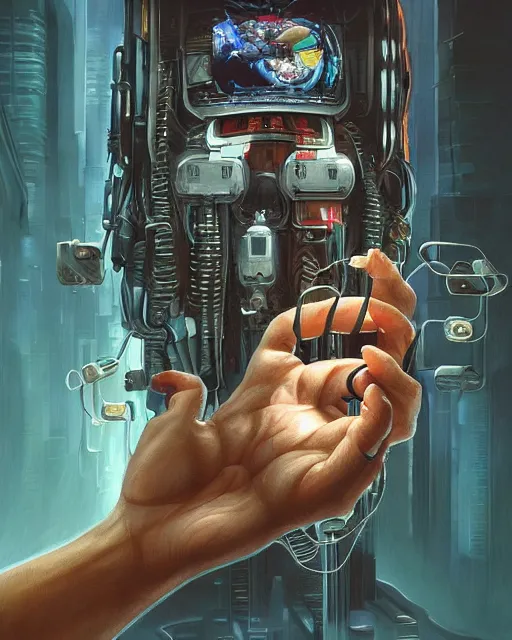 Image similar to a painting of a man holding a machine in his hands, cyberpunk art by jason edmiston and by michael komarck and by jarosław jasnikowski, cgsociety, neoplasticism, lovecraftian, future tech, circuitry