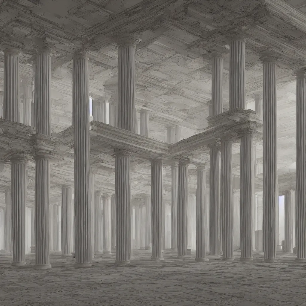 Image similar to a very large room with a lot of columns, a computer rendering by senior environment artist, polycount, deconstructivism, greeble, vray, vray tracing
