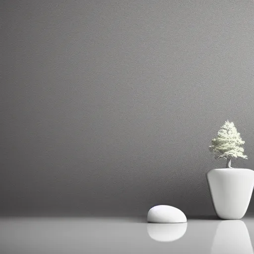 Prompt: white zen clean modern minimalist white room with small rock garden and bonsai tree by peter tarka in an ivory room well contoured smooth fair walls, up close shot, sharp focus, zen, clean, modern minimalist, zaha hadid octane highly render, 4 k, ultra hd,