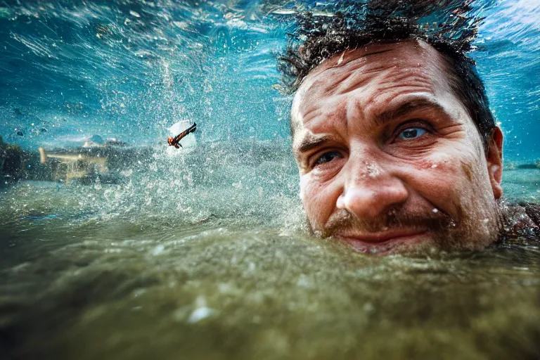 Image similar to closeup potrait of a man snorkeling underwater in flooded amsterdam, photograph, natural light, sharp, detailed face, magazine, press, photo, Steve McCurry, David Lazar, Canon, Nikon, focus