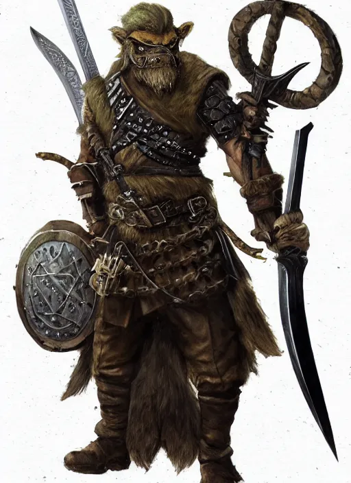 Image similar to strong young man, photorealistic bugbear ranger holding aflaming sword, black beard, dungeons and dragons, pathfinder, roleplaying game art, hunters gear, jeweled ornate leather and steel armour, concept art, character design on white background, by alan lee, norman rockwell, makoto shinkai, kim jung giu, poster art, game art