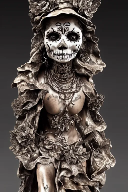 Prompt: full view of an intricate and detailed La Catrina statue made on polished bronze with scars sculpted by Bernini and Nicola Samori, style of Maxfield Parrish and Bastien Lecouffe-Deharme, ultra realistic, volumetric light