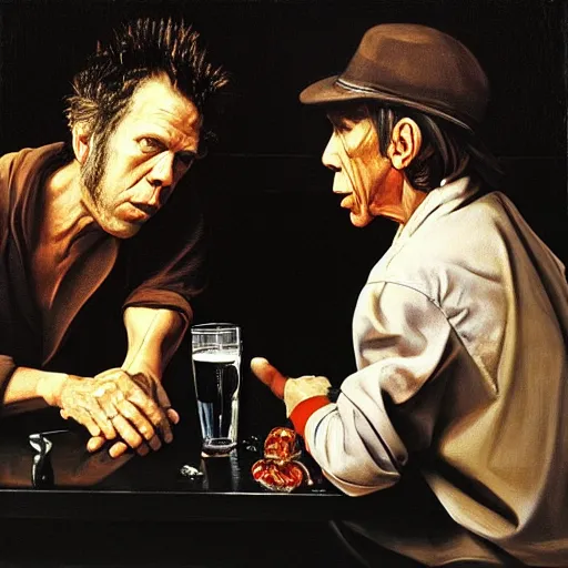 Prompt: Tom Waits and Iggy Pop talking in a pub by Jim Jarmush, oil painting by Caravaggio