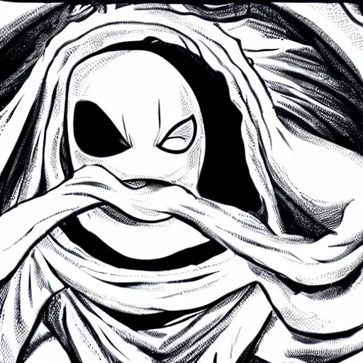 Prompt: white cloaked superhero with a white full ghost mask no mouth and huge black hole - eyes, and a noose knot rope around his neck hyperdetailed comic book illustration