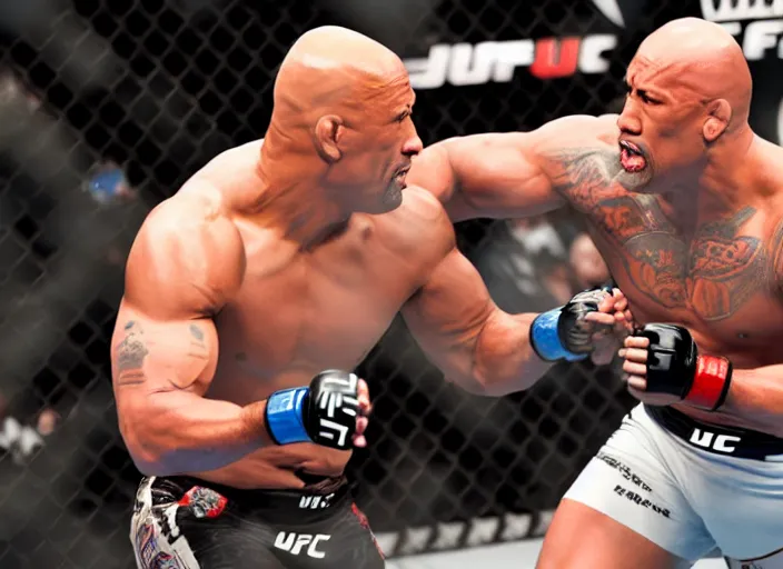 Image similar to dwayne the rock johnson fighting in the ufc, 4 k, photorealistic