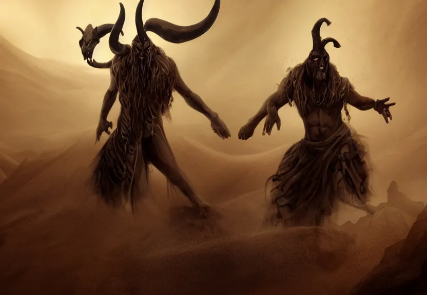 Image similar to angel vs demon, terrific jinn demon in middle of desert with hoof on his feet and goat face with long cloth afraid of beautiful powerful angel, epic angel, wporfull angel, good vs evil, atmosphere, harsh lighting, cinematic lighting,, award wining art, artstation, high details, concept art, 4 k