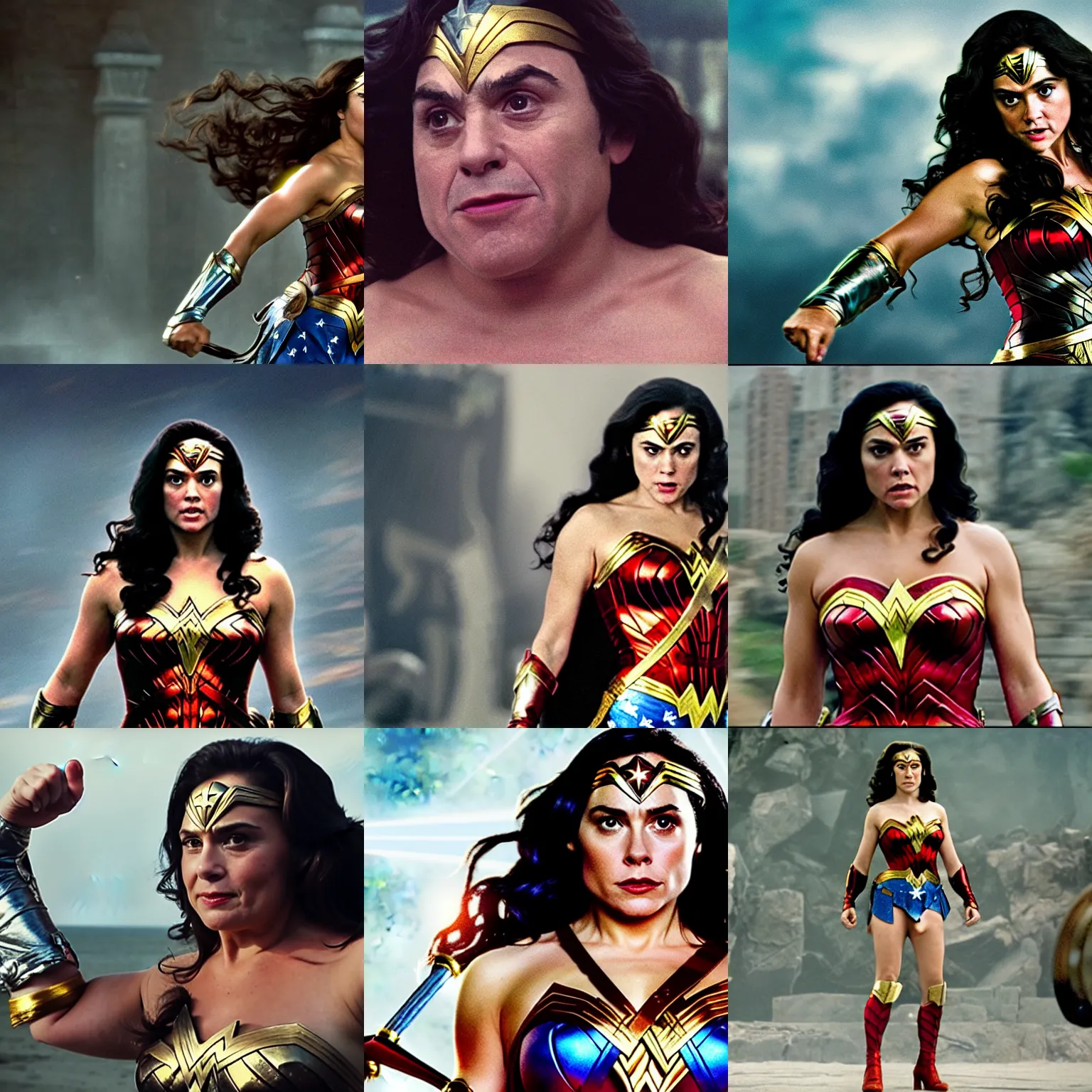 Prompt: Danny DeVito as Wonder Woman. Movie still frame. 4K UHD , symmetrical ,