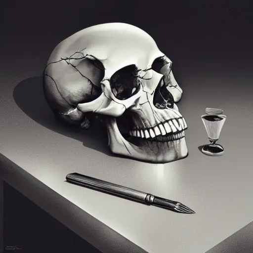 Image similar to human skull lying on a table, creepy lighting, scary atmosphere, digital art, highly detailed, high contrast, beautiful lighting, award winning, trending on art station, photorealistic, 8 k,