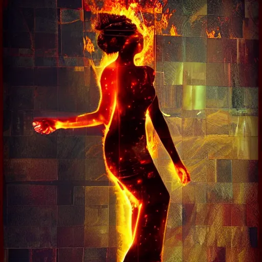 Prompt: a woman on fire, city, giant, award winning, photo manipulation, collage