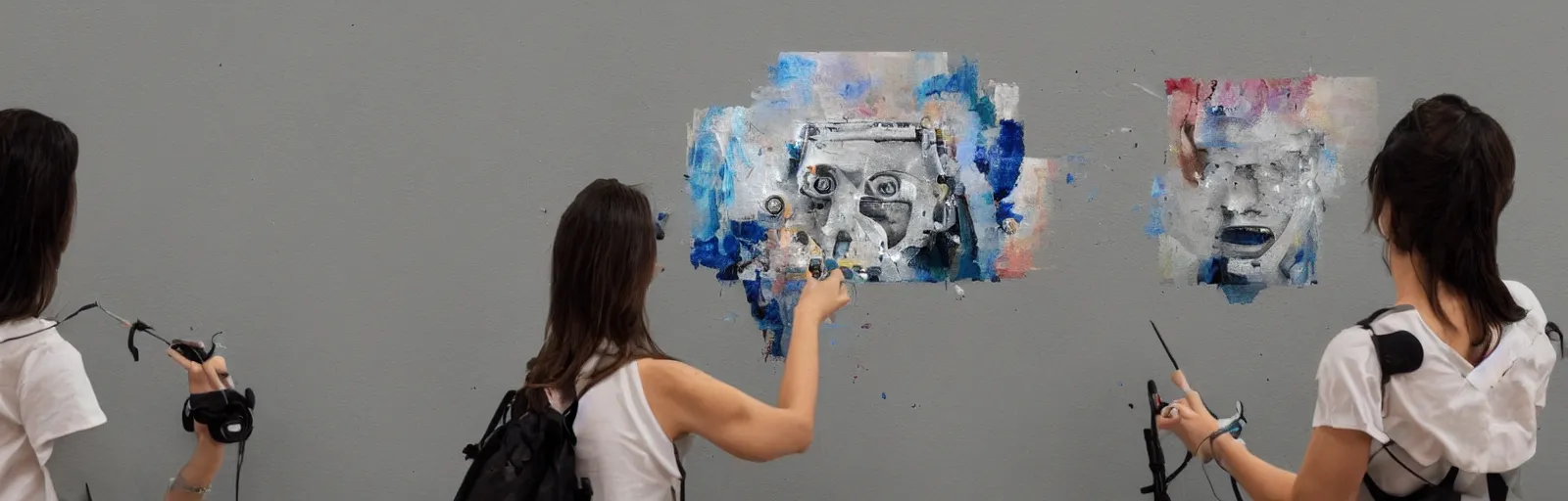 Image similar to several people are typing, a painting robot faces a wall and effortlessly works away