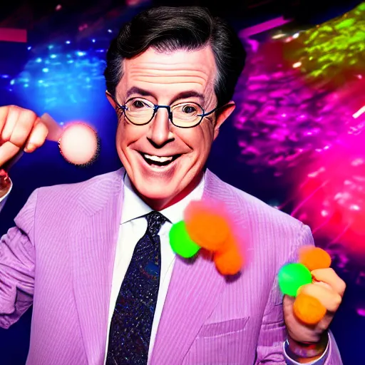 Image similar to stephen colbert at a rave, with a pacifier and glow sticks