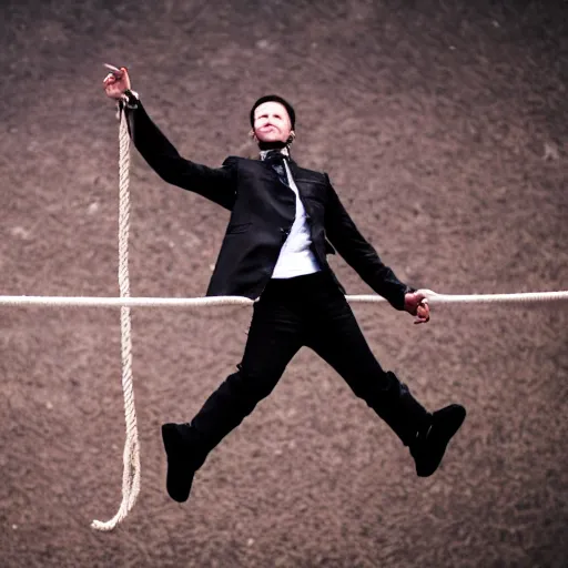 Image similar to hd photograph of a vampire walking on balance rope, stunt show