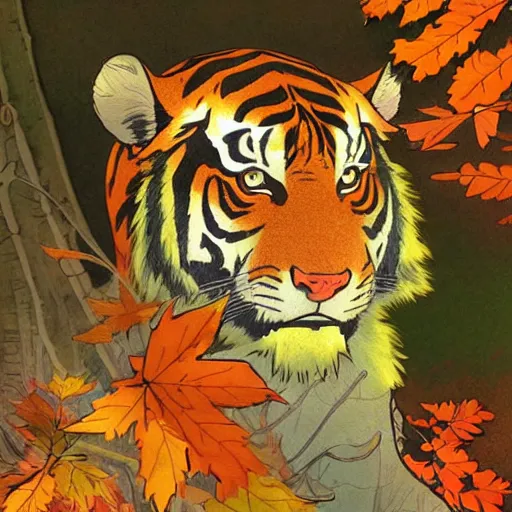 Image similar to a highly detailed portrait of cartoon tiger, leaf fan, small fires and sun, autumn leaves on the ground, concise lines, ultradetailed environment, sharp focus, cinematic lighting, character art, 8 k, by alphonse maria mucha and kim jung gi