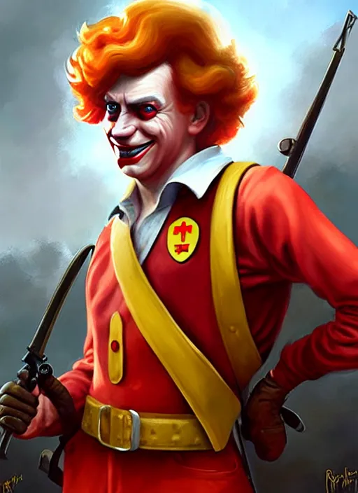 Image similar to ronald mcdonald during world war 2, rpg dnd oil _ painting _ unreal _ 5 _ daz. _ rpg _ portrait _ extremely _ detailed _ artgerm _ greg _ rutkowski _ greg