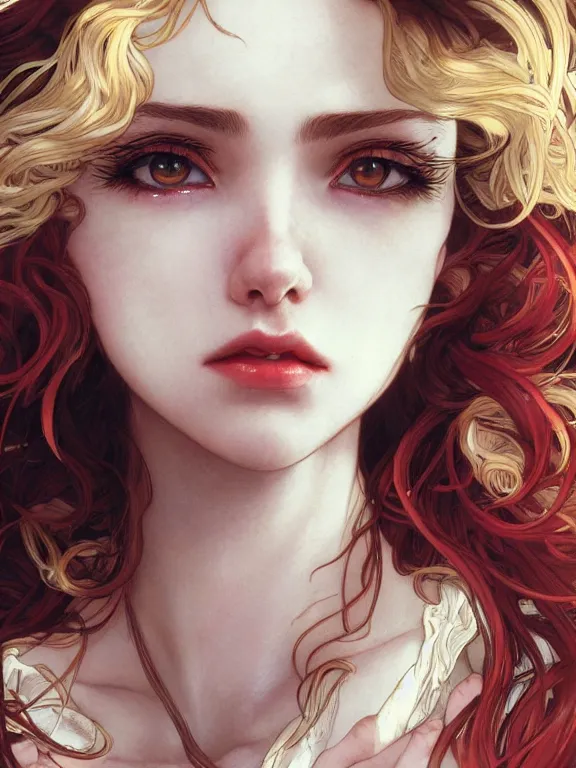 Image similar to close up picture of a beautiful woman, scarlet lips ringlet hair, jacket, highly detailed, detailed face, smooth, sharp focus, chiaroscuro, manga illustration, artgerm, greg rutkowski, alphonse mucha, young adult light novel cover art