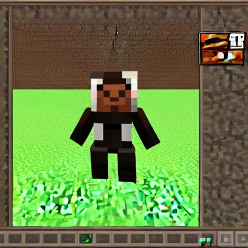 Image similar to an anthropomorphic black goat wizard in minecraft, screenshot