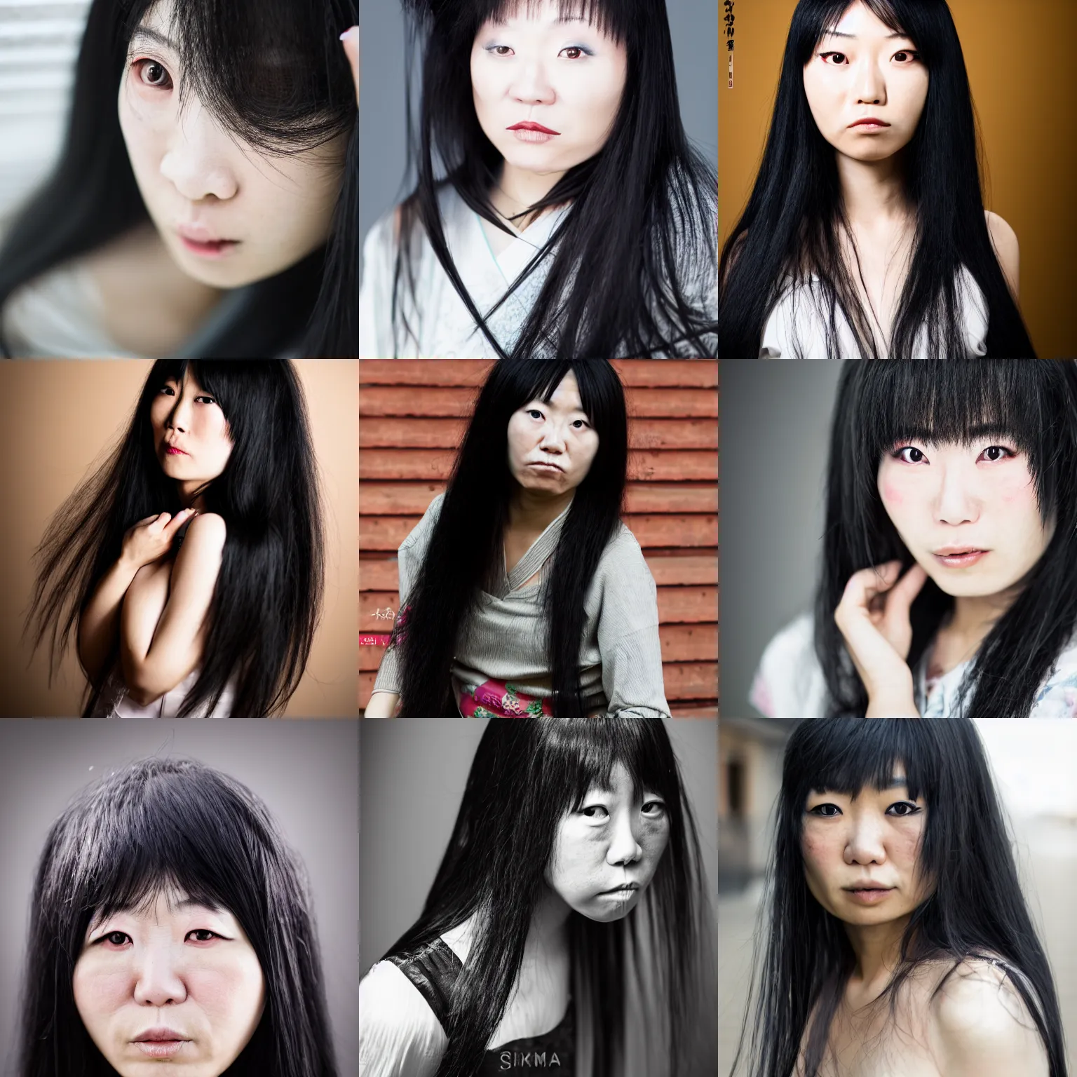 Prompt: a very ugly japanese woman with long black hair, sigma 8 5 mm, high quality, portrait photography