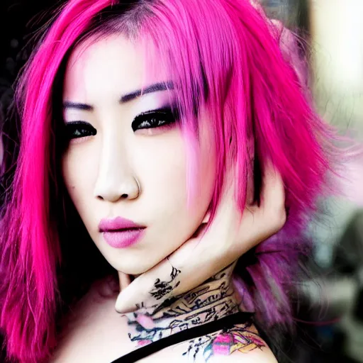 Image similar to punk tattooed asian supermodel with pink hair and a beautiful face with long eyelashes