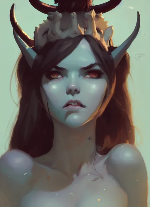 Image similar to portrait of cute succubus girl with horns, warhammer, by atey ghailan, by greg rutkowski, by greg tocchini, by james gilleard, by joe gb fenton, by in kaethe butcher, dynamic lighting, gradient light blue, brown, blonde cream and white color in scheme, grunge aesthetic