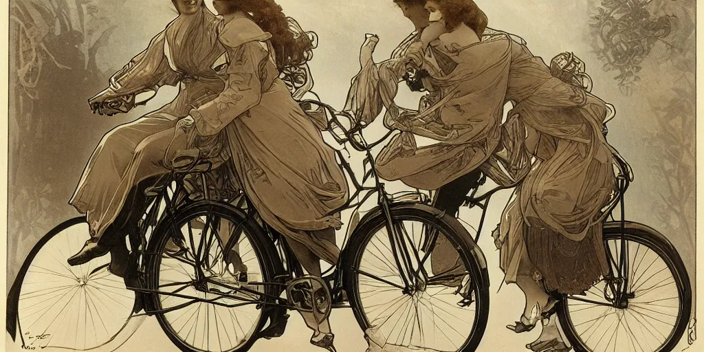 Prompt: three people share a bike, front and rear seats, lovely, by alphonse maria mucha