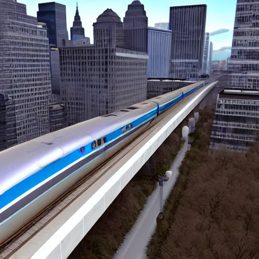 Image similar to a maglev train running high above the streets of cleveland, render, photo, 4k, ultrarealistic, unreal maya