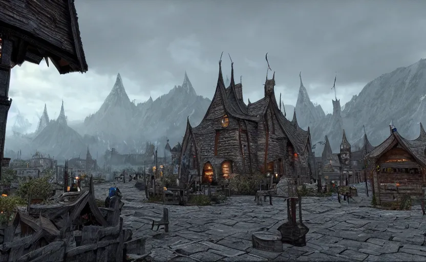 Image similar to whiterun in the style of pixar