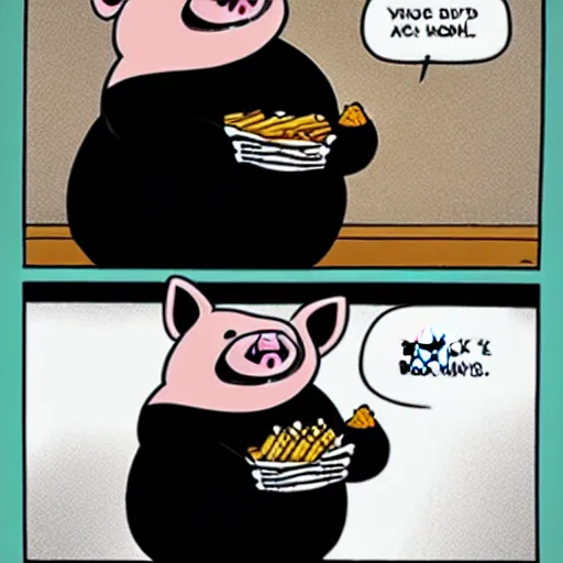 Image similar to comic art of a cute obese pig smiling in a black shirt wearing a crown eating snacks, drawn by Bruce MacKinnon, 4K