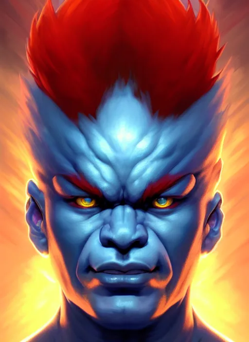 Image similar to symmetry!! portrait of blue akuma, street fighter, global illumination!! intricate, elegant, highly detailed, digital painting, artstation, concept art, smooth, sharp focus, illustration, art by artgerm and greg rutkowski and alphonse mucha