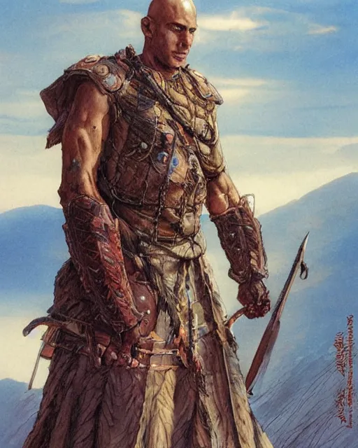 Prompt: a portrait of a bald warrior male sorcerer in a barren mountainous landscape, morning, art by yoshitaka amano and michael whelan