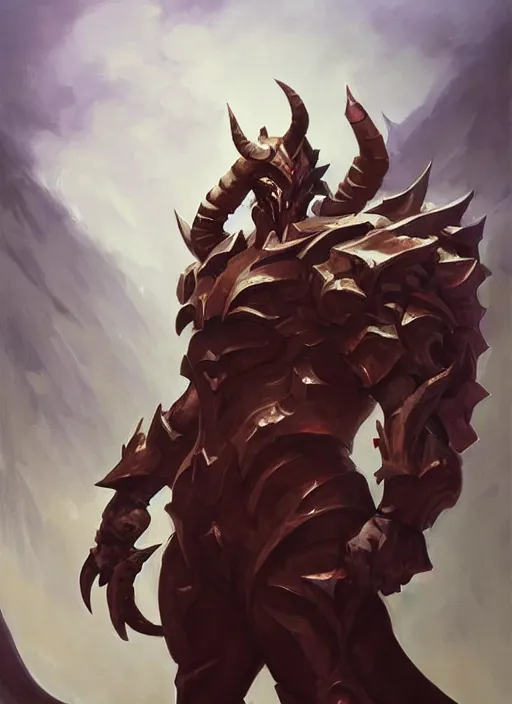 Image similar to Greg Manchess portrait painting of a demonic, devil armored character from league of legends, full shot, asymmetrical, profile picture, Organic Painting, sunny day, Matte Painting, bold shapes, hard edges, street art, trending on artstation, by Huang Guangjian and Gil Elvgren and Sachin Teng