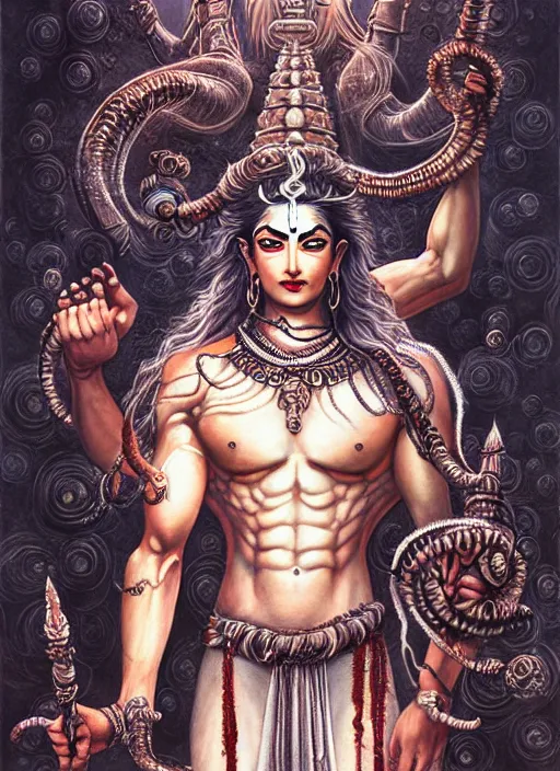 Image similar to god shiva the destroyer, 4!!! arms!!!! an ultrafine detailed painting by ayami kojima, cgsociety, fantasy, anime digital art, lovecraftian, cosmic horror, detailed painting