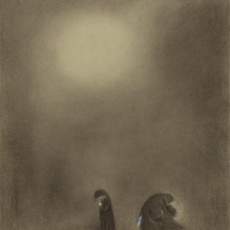 Prompt: artwork about a sad sphere - headed character, by alfred kubin. atmospheric ambiance. depth of field and tridimensional perspective. foggy.