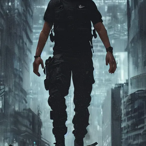 Image similar to A man wearing Reindeelusion Steven Cargo pants and Nike Tech fleece Shirt and Nike Acronym presto sneakers, Police sirens shining in far background, high quality, digital art, dirty cyberpunk city, rain, greg rutkowski