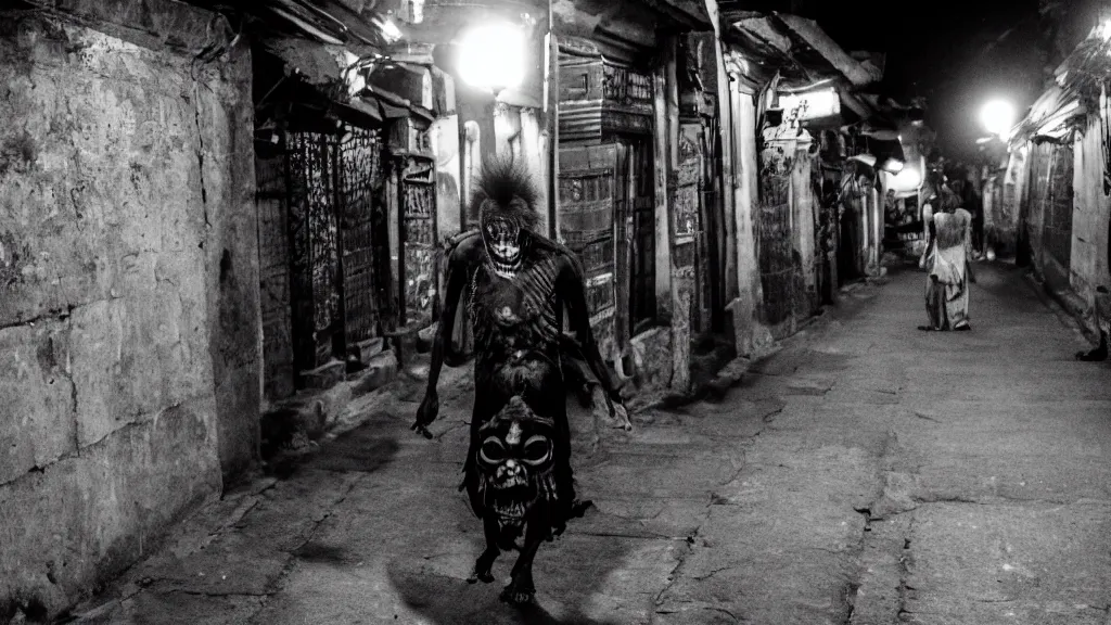 Prompt: khyah nepali demon roaming the streets of kathmandu at night, moonlight, scary looking